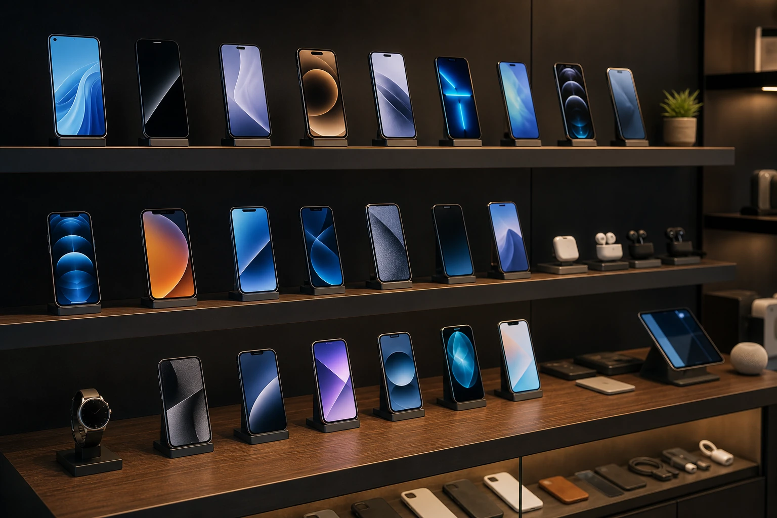 Smartphone display wall with clean lighting and minimal product clutter