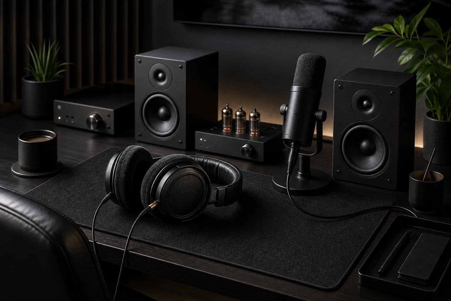 Audio listening desk with headphones speakers and neutral black surfaces