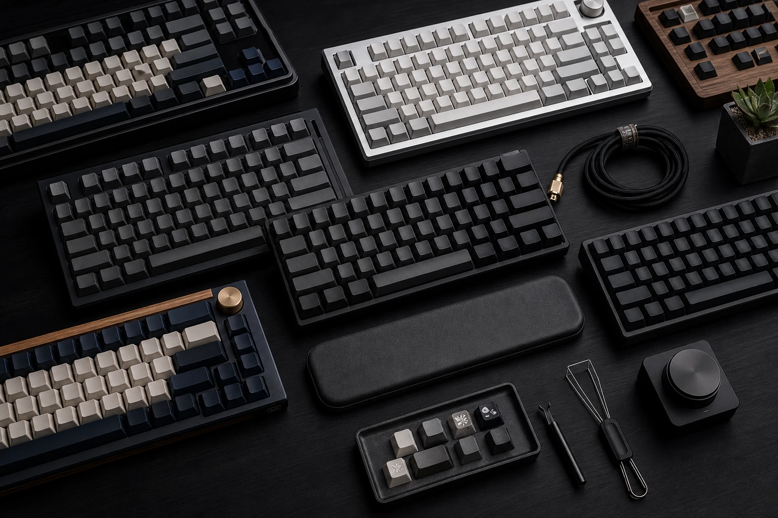 Mechanical keyboard grid with accessories laid out in a dark editorial style