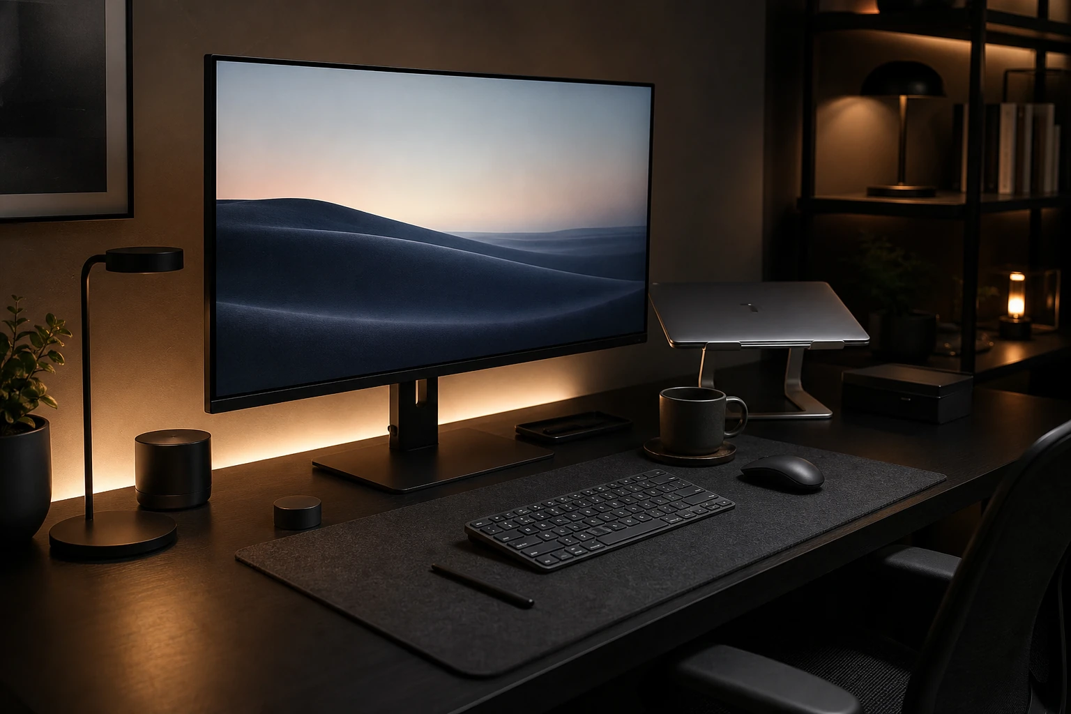 Wide monitor and desk setup corner arranged as a premium workspace scene