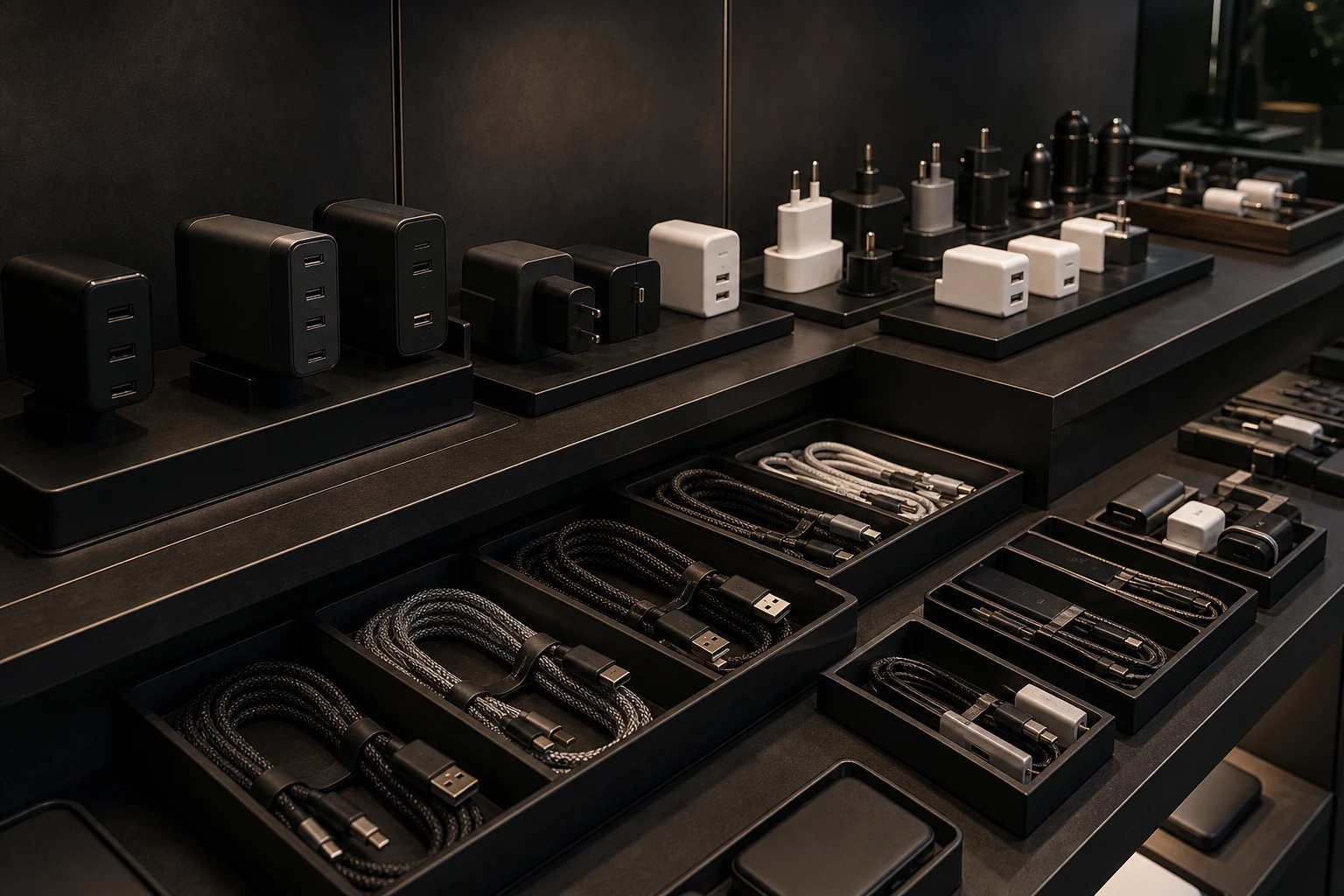 Travel chargers and cables arranged on a dark retail shelf