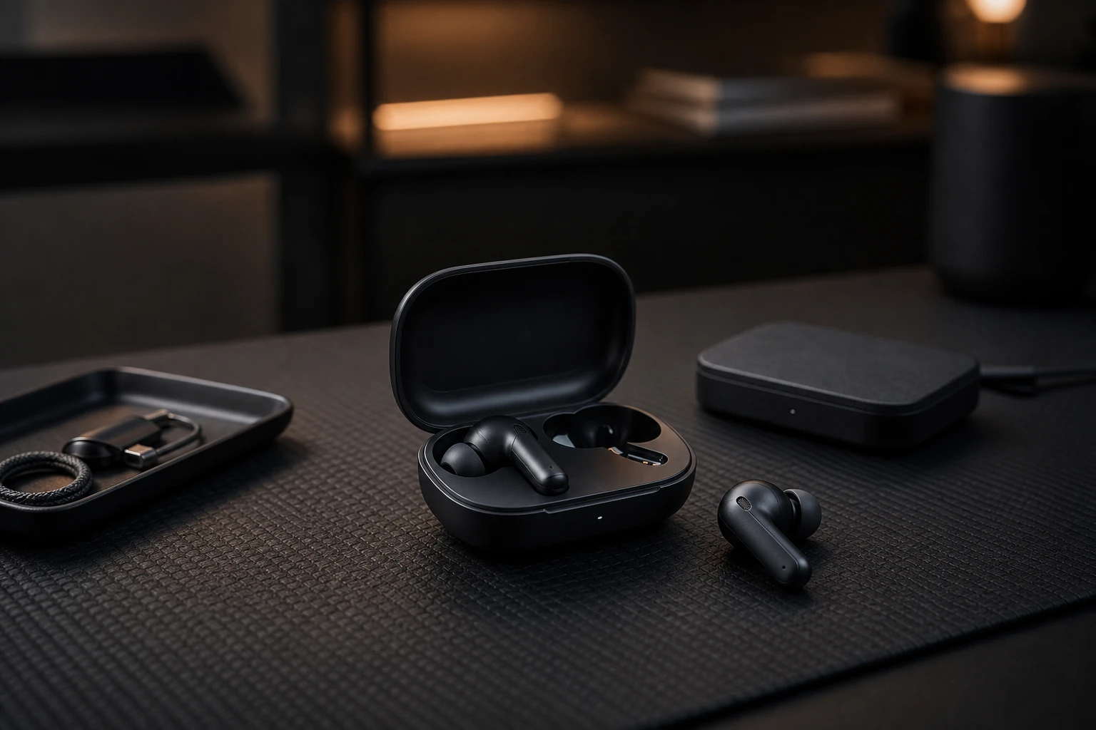 Wireless earbuds and charging case displayed in a quiet product shot