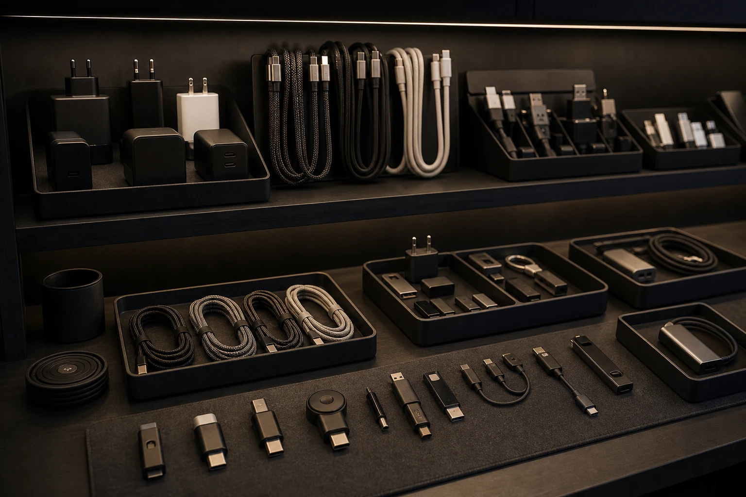 USB cables adapters and desk accessories arranged for a utility category shot