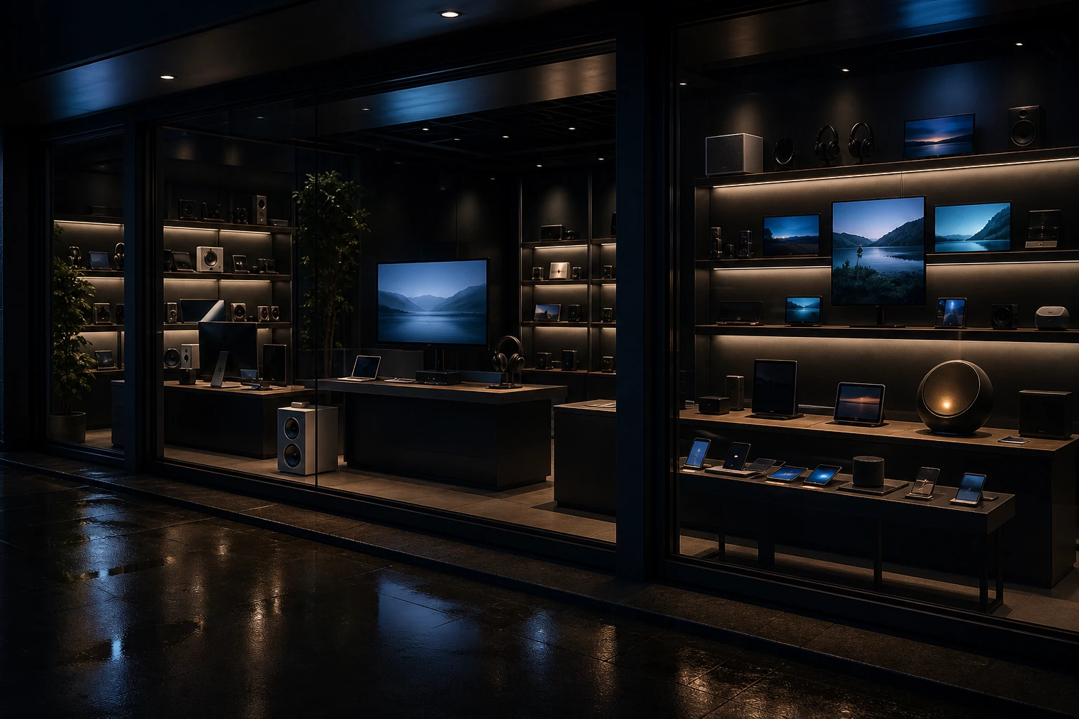 Dark electronics showcase with glowing screens and controlled reflections