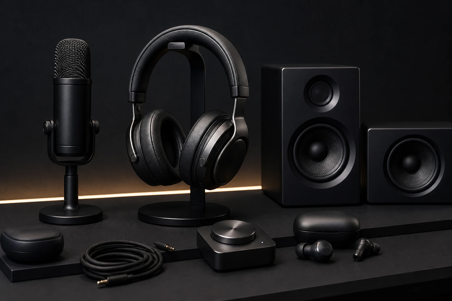 Headphones speakers and microphones arranged for an audio storefront card