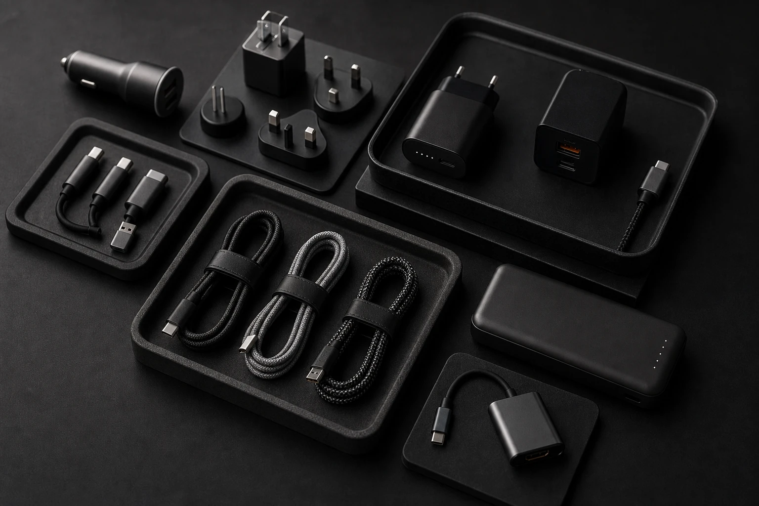 Chargers adapters cables and small accessories arranged in a dark product layout