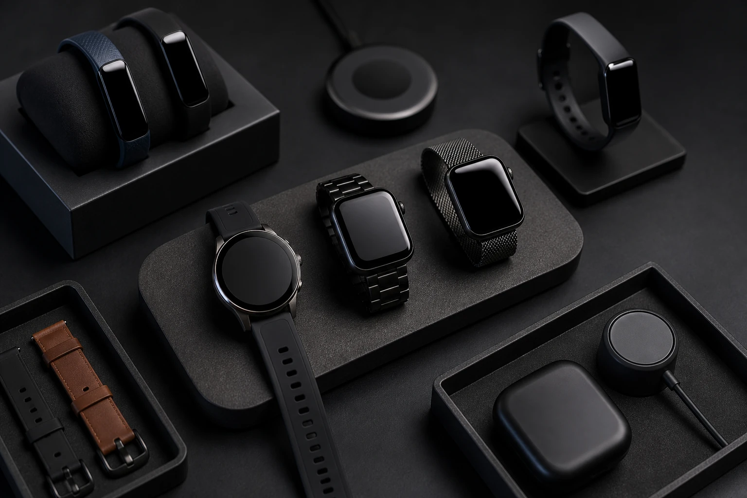 Smartwatches and fitness wearables staged for a compact category card